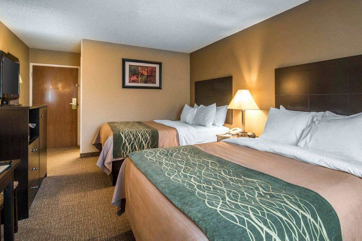 A hotel room with two beds, a desk with a chair, a television, and a framed picture on the wall.