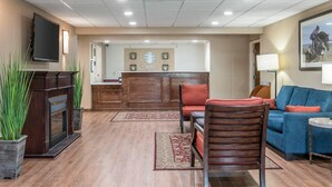 A reception area with a wooden reception desk, a television mounted on the wall, a blue sofa, and a fireplace with plants.