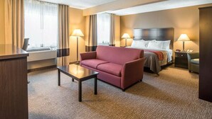 A hotel room with a bed, a desk, a sofa, and two lamps.