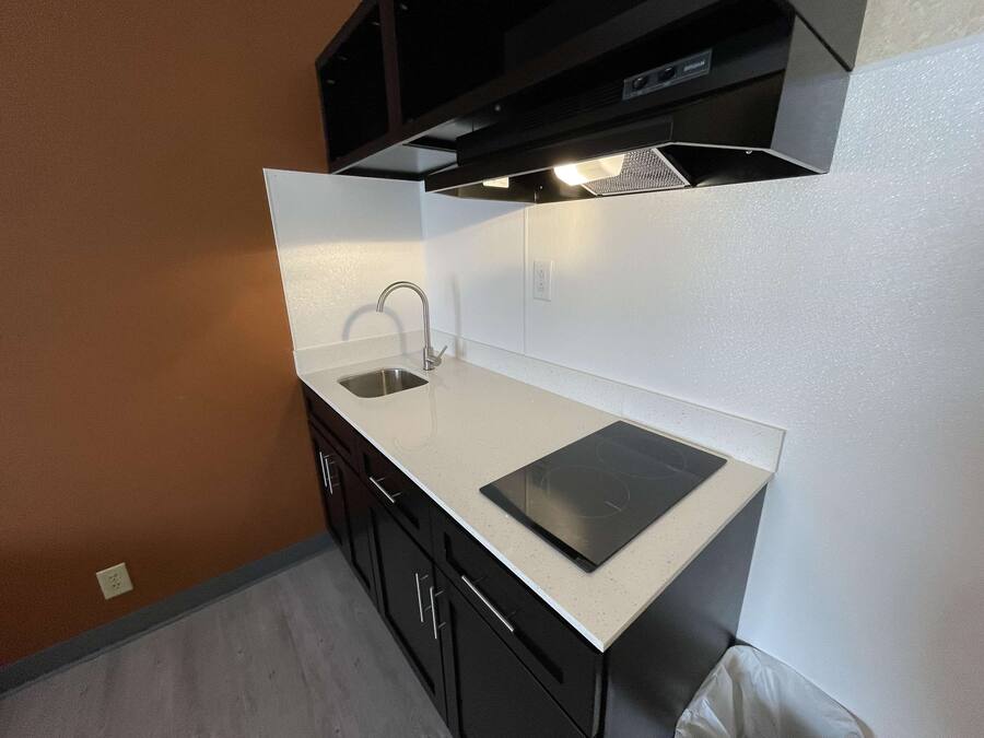 Una cocina compacta con un lavamanos, encimera y armarios negros.