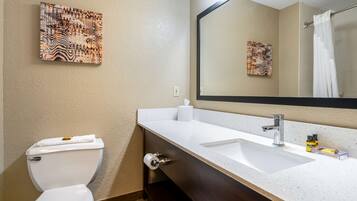 A bathroom with a toilet, a sink, a mirror, and two wall-mounted artworks.