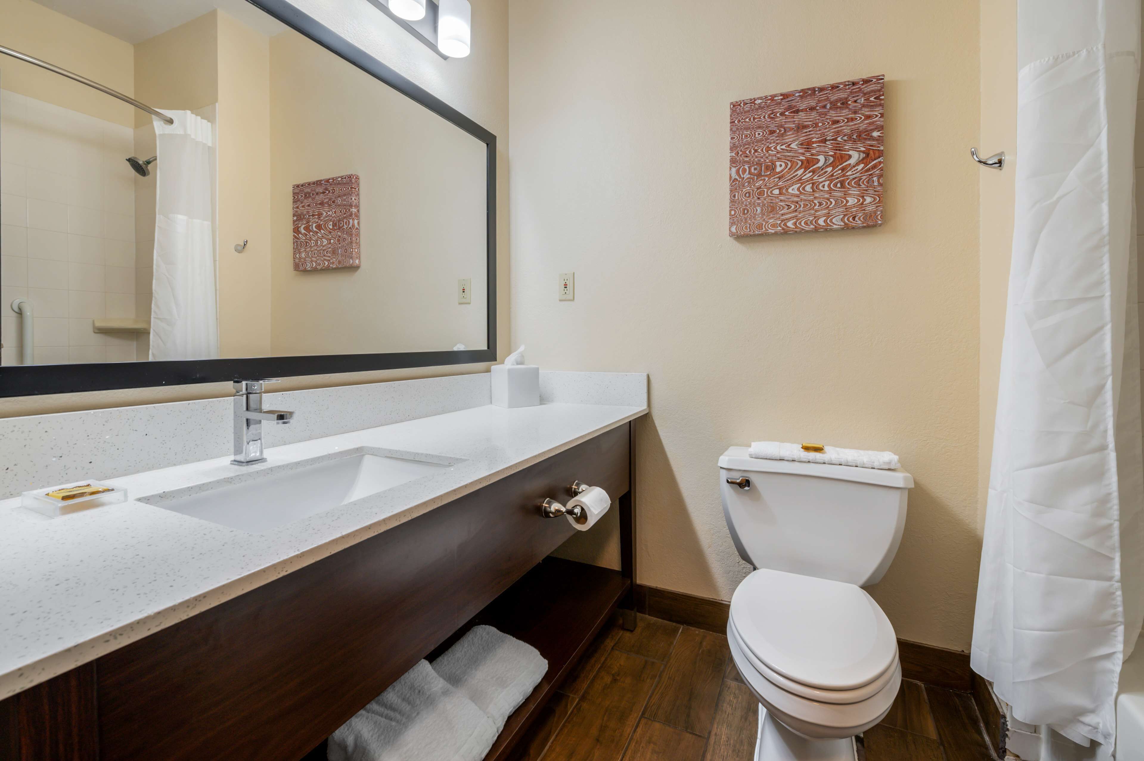 A bathroom with a large mirror, two sinks, a toilet, and a shower curtain.