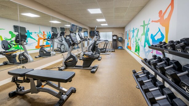 A gym with exercise equipment, mirrors, and a wall with colorful silhouettes.