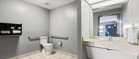 A bathroom with a toilet, handrails, a sink, and a mirror.
