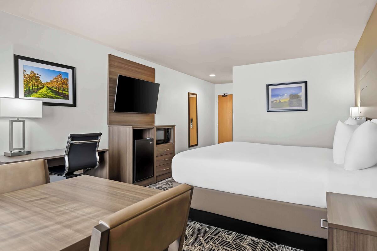 Une chambre d’hôtel avec un grand lit, un bureau avec une chaise, une télévision et un four à micro-ondes.
