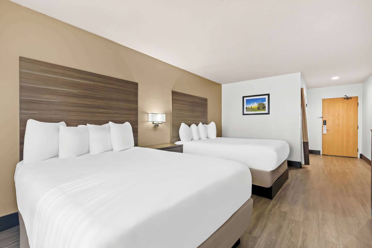 Une chambre d’hôtel avec deux lits, une table de chevet avec une lampe, une porte en bois et un tableau encadré au mur.