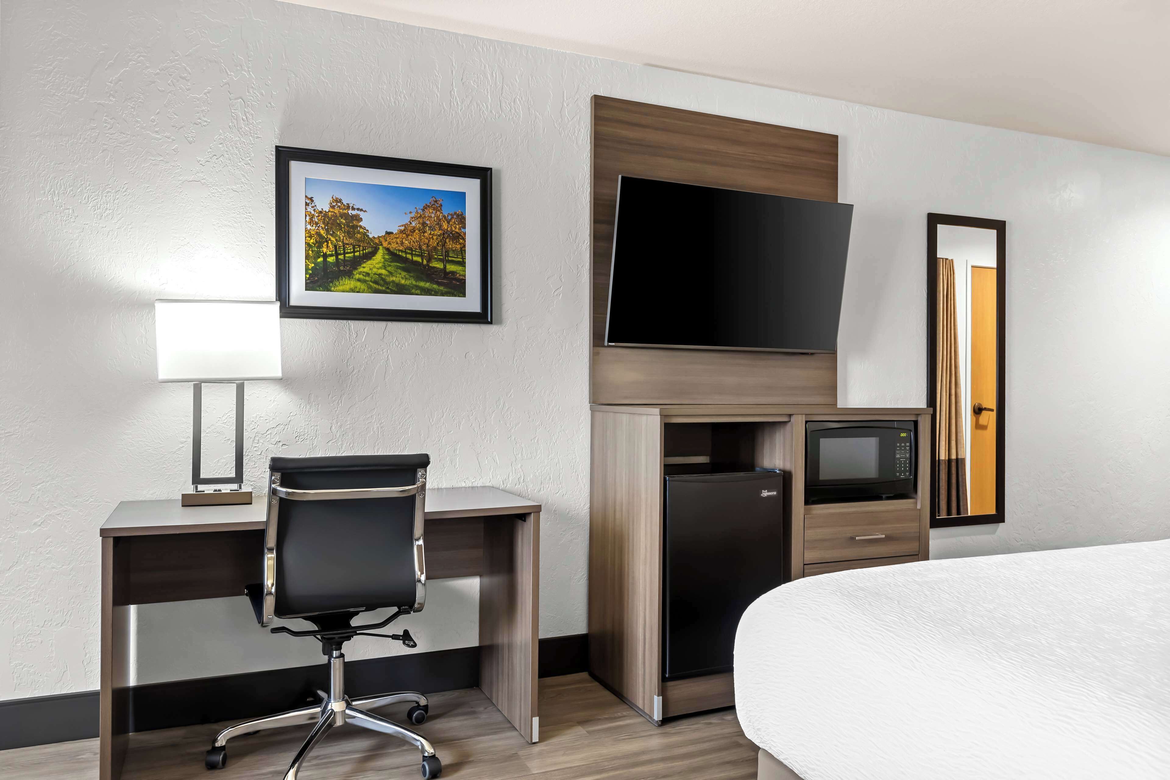 A hotel room with a bed, a desk with a chair, a television, a microwave, and a refrigerator.