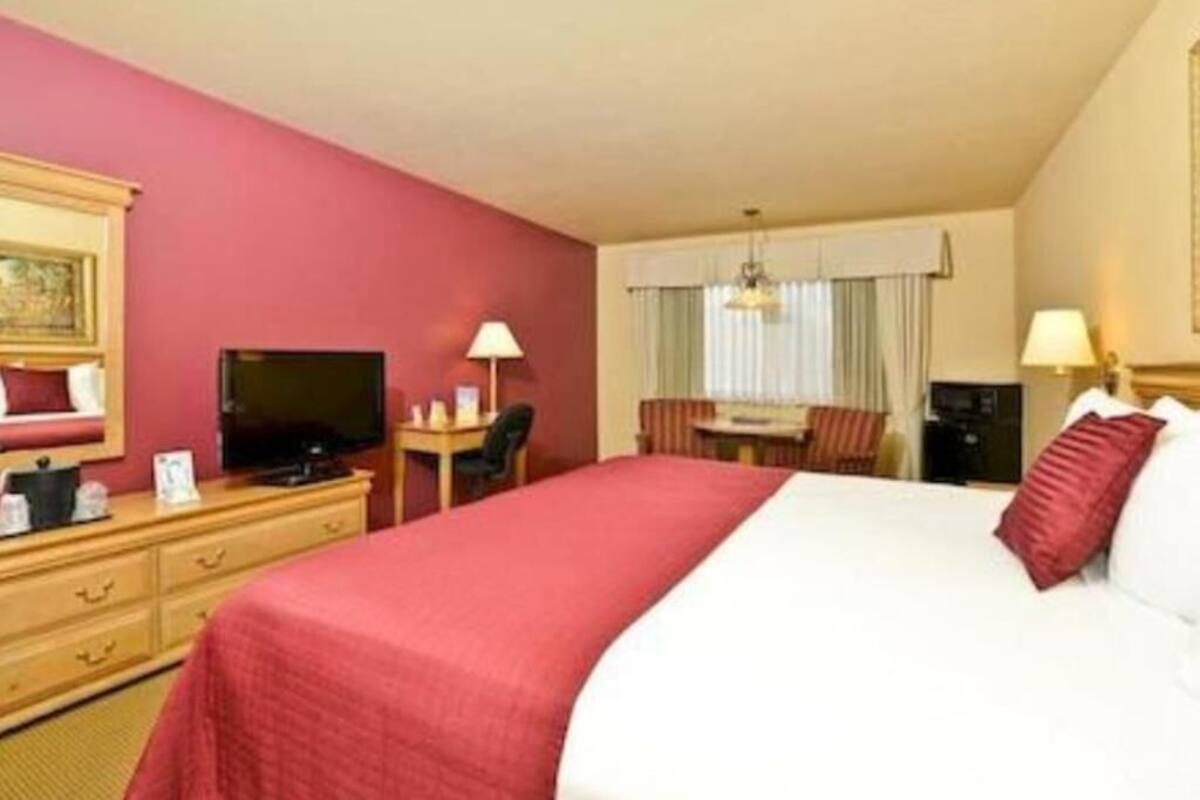 Une chambre d’hôtel équipée d’un lit, d’un bureau, d’une télévision et d’une chaise.