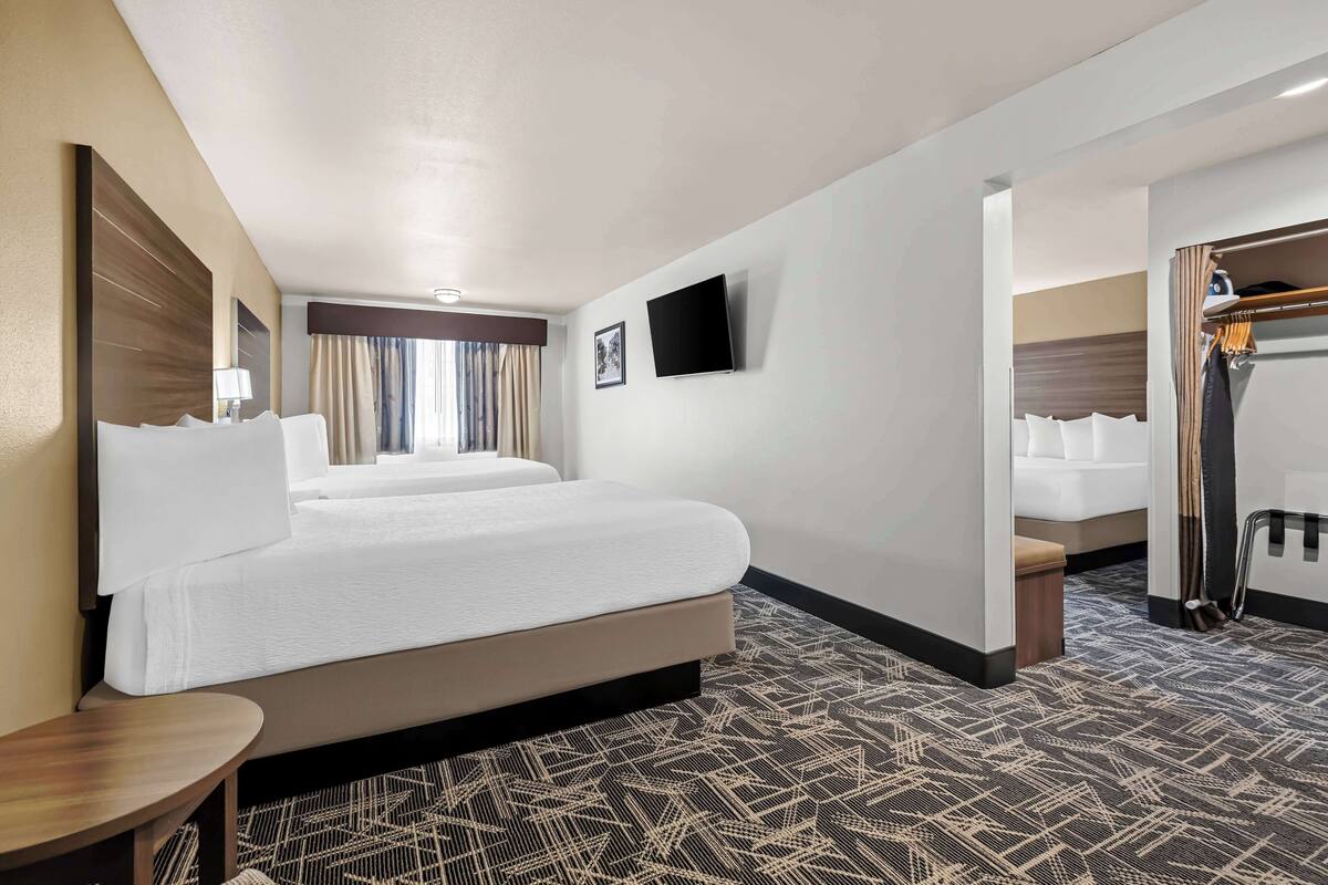 Une chambre d’hôtel avec un grand lit, une table de chevet, un téléviseur à écran plat fixé au mur et une moquette à motifs.