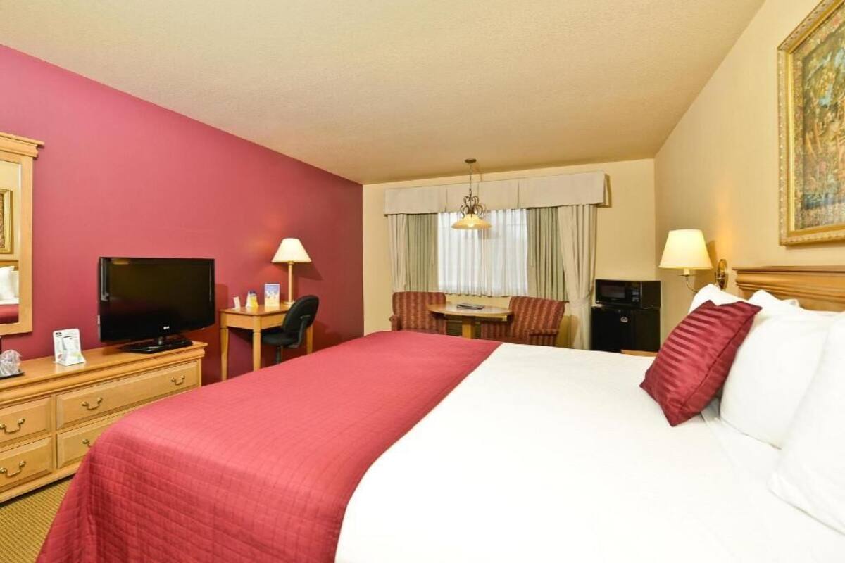 Une chambre d’hôtel équipée d’un lit, d’un bureau, d’une télévision et d’une table à manger.