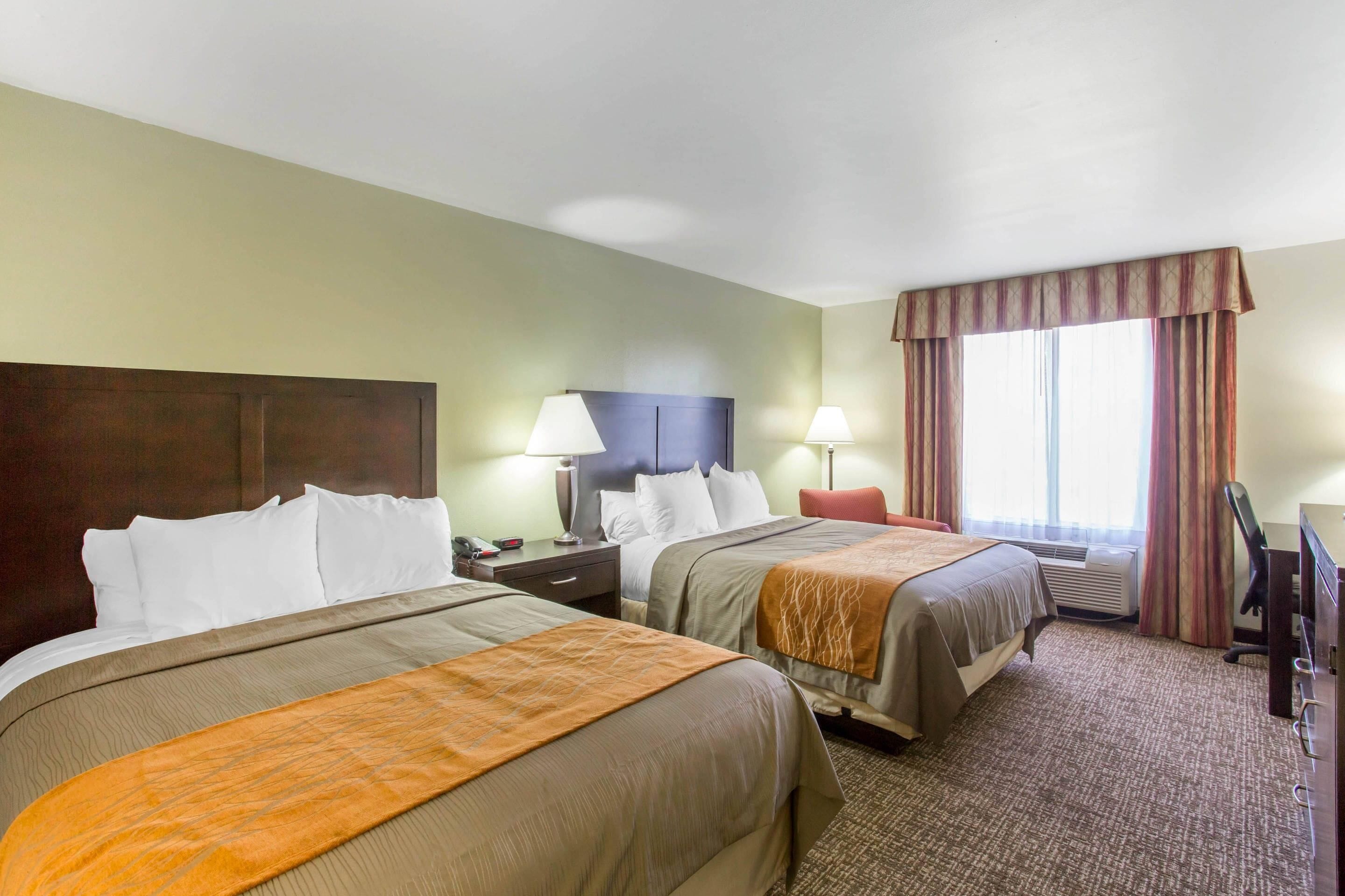 Standard Room, 2 Queen Beds, Non Smoking | In-room safe, desk, soundproofing, iron/ironing board