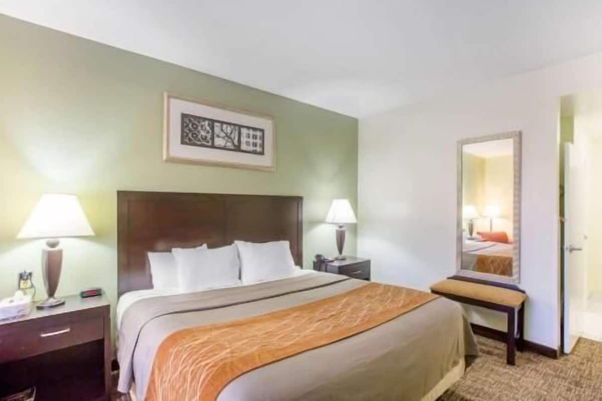 A hotel room with a bed, bedside tables, a mirror, and a framed artwork on the wall.