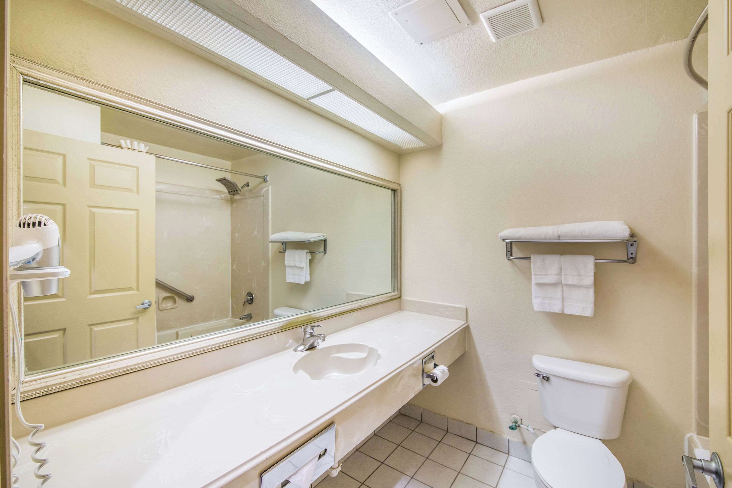 Un baño con un espejo grande, un lavabo, un inodoro y un perchero para toallas.