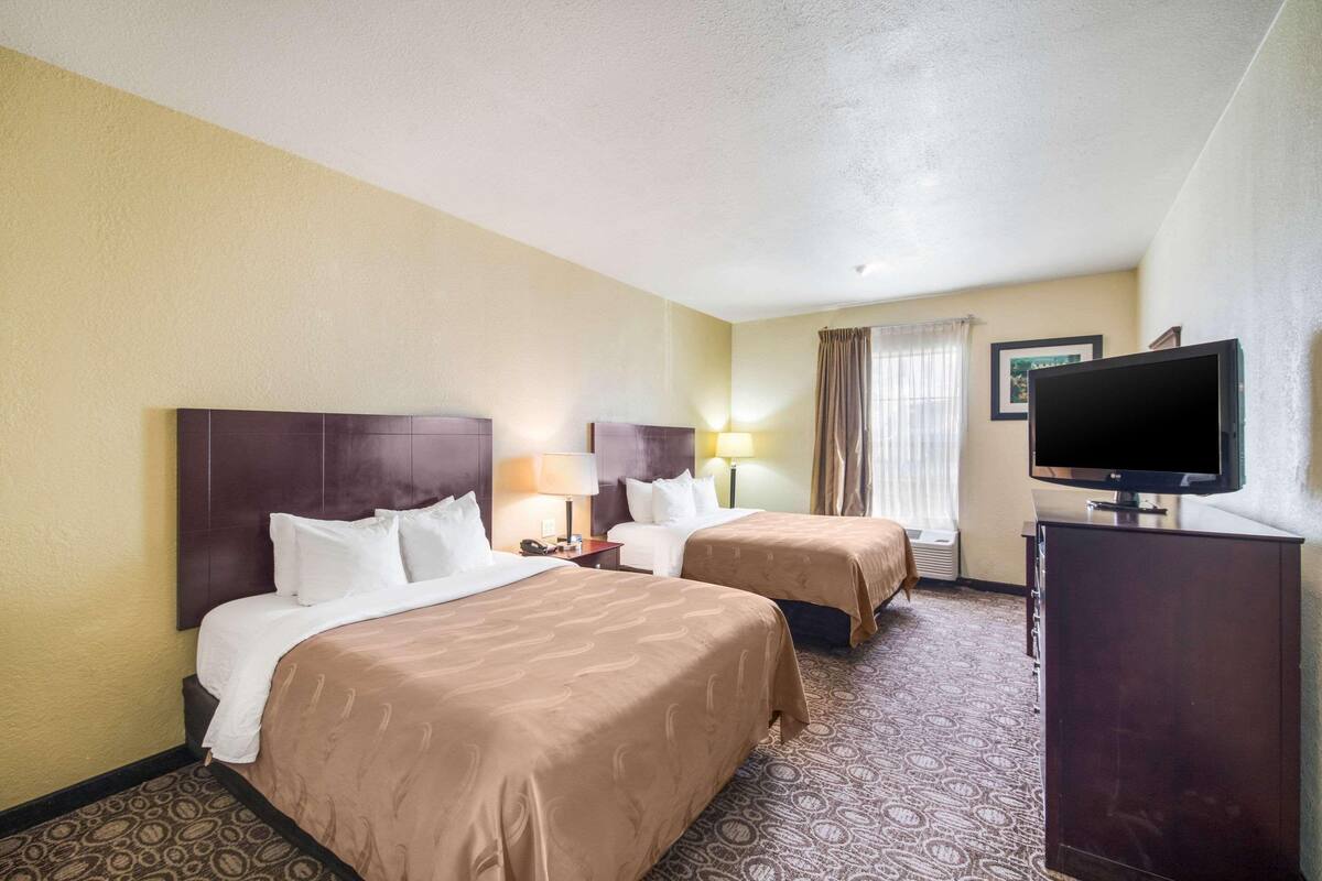A hotel room with two beds, a television, and a patterned carpet.