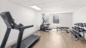 A gym with a treadmill, elliptical, bench, and dumbbells.