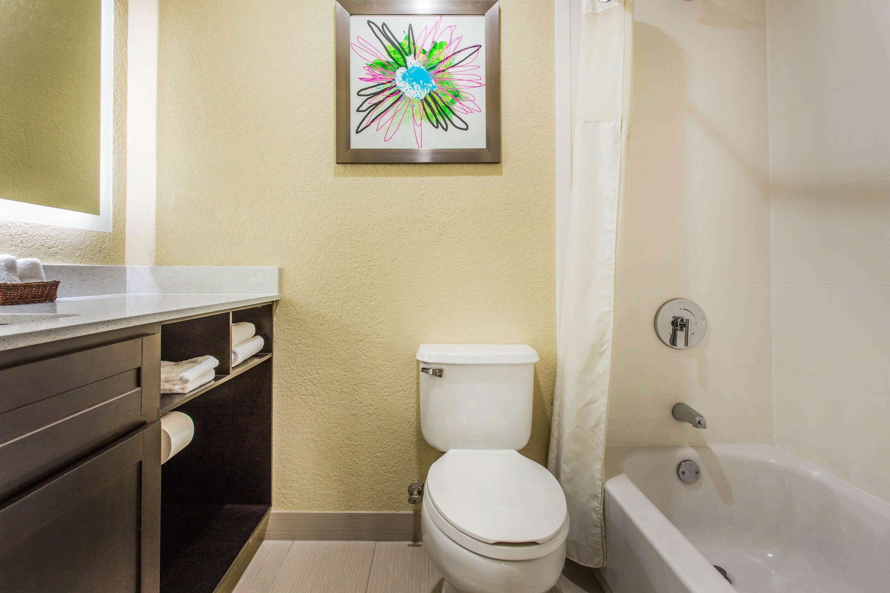 combined shower/bathtub, free toiletries, hair dryer, towels