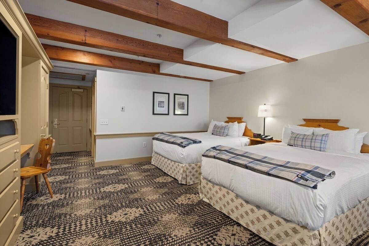 Habitación de hotel con dos camas, un escritorio, una silla y una alfombra estampada.