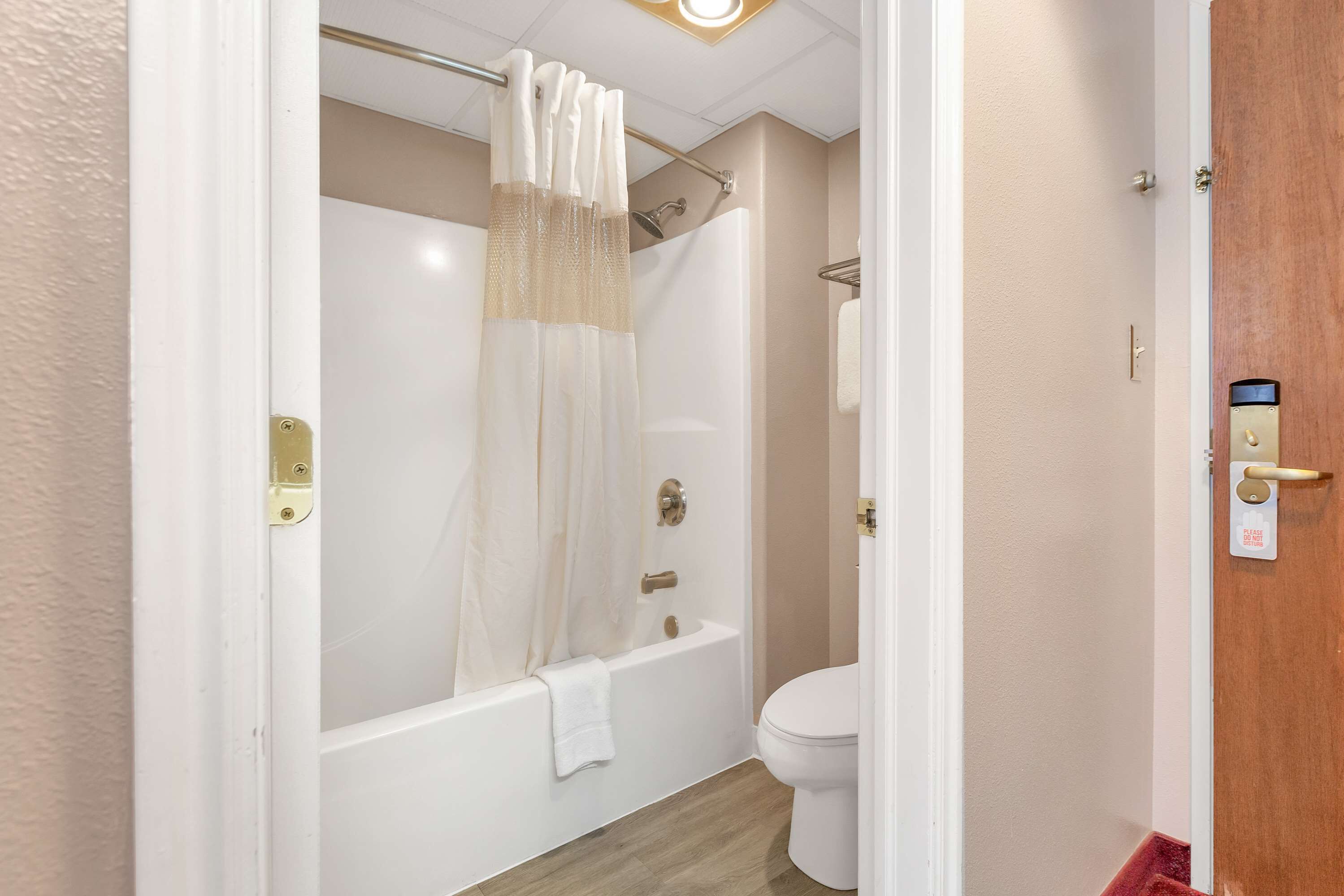 A bathroom with a bathtub, toilet, and shower curtain.