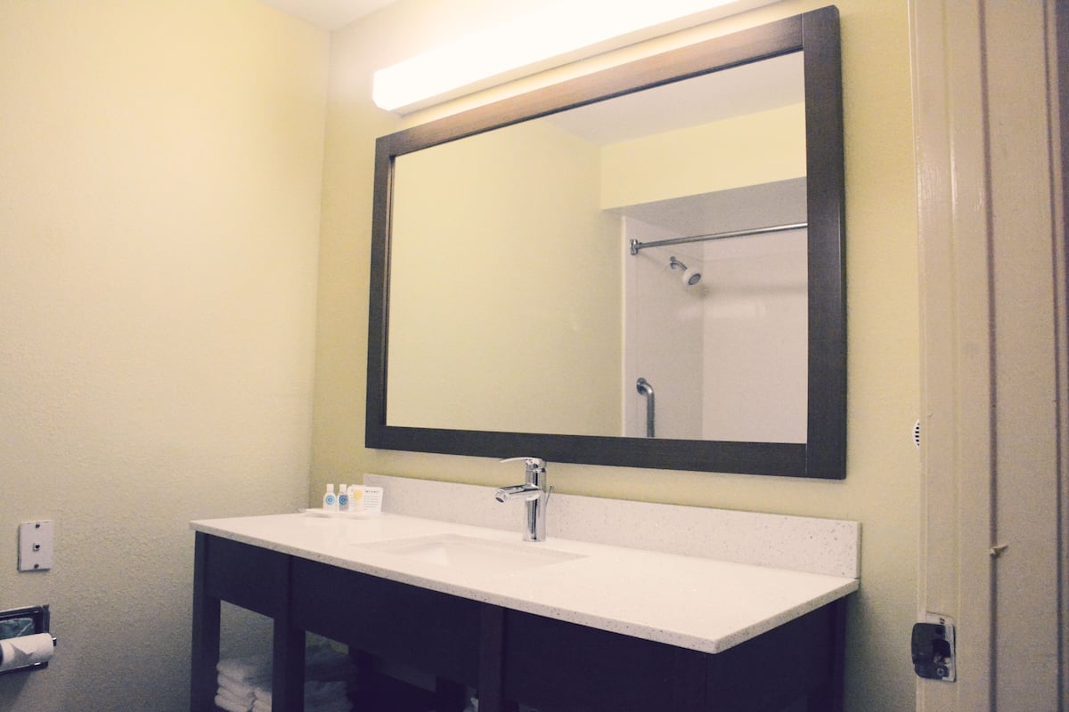 bathtub, free toiletries, hair dryer, towels