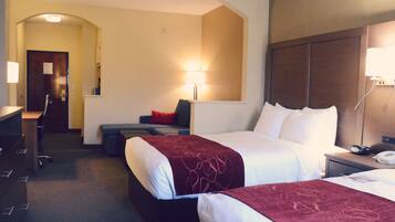 Desk, laptop workspace, blackout drapes, iron/ironing board