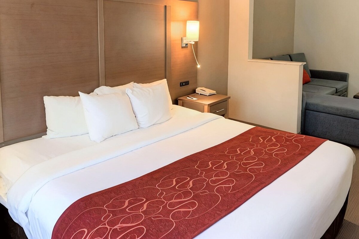 A hotel room with a large bed, a bedside table with a lamp, and a seating area with a chair and a sofa.