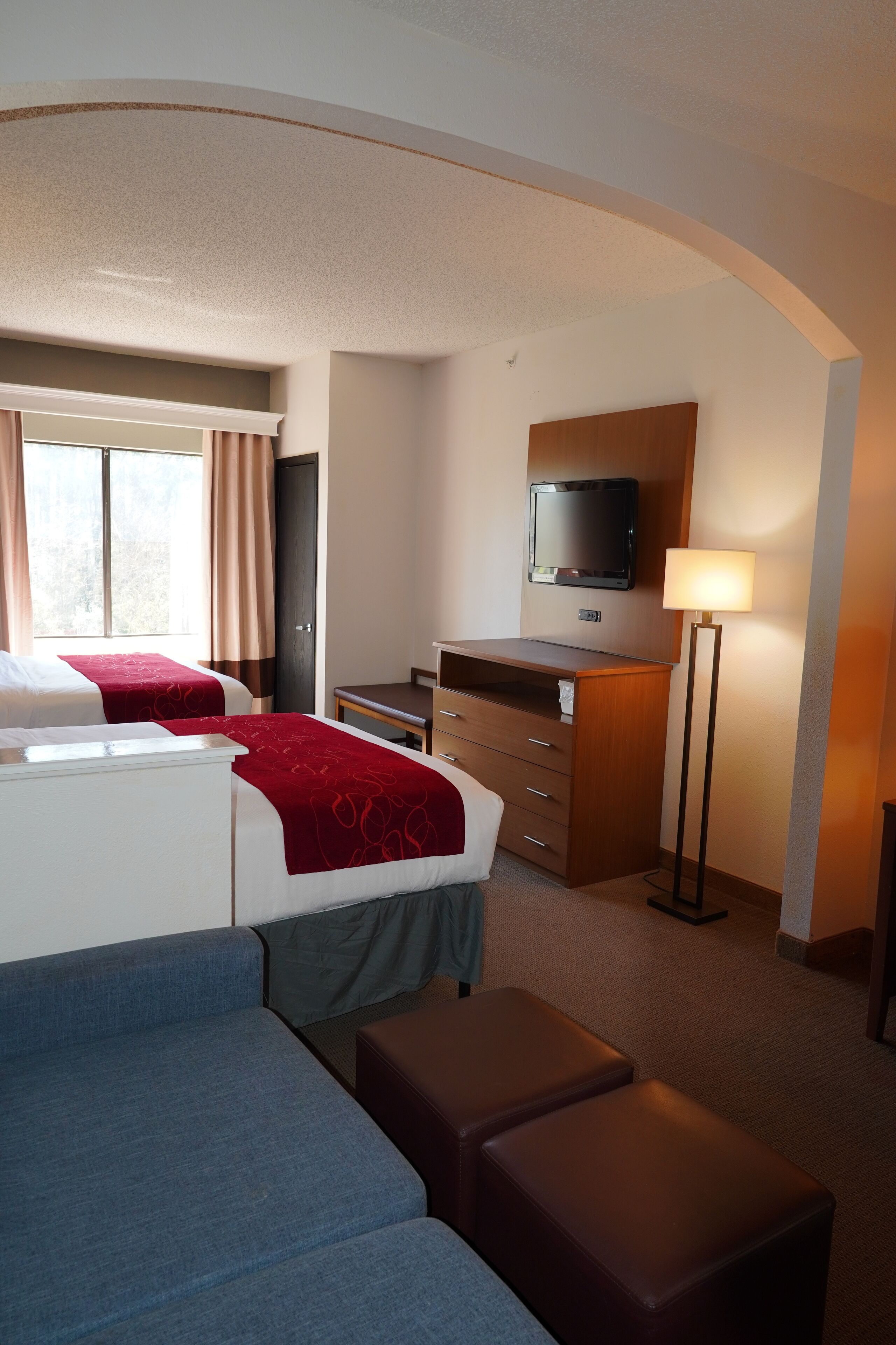 suite, 2 double beds, non smoking | desk, laptop workspace, blackout curtains, iron/ironing board