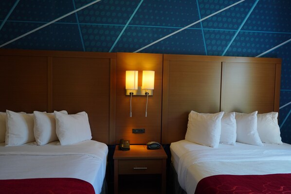 Suite, 2 Double Beds, Non Smoking | Desk, laptop workspace, blackout drapes, iron/ironing board