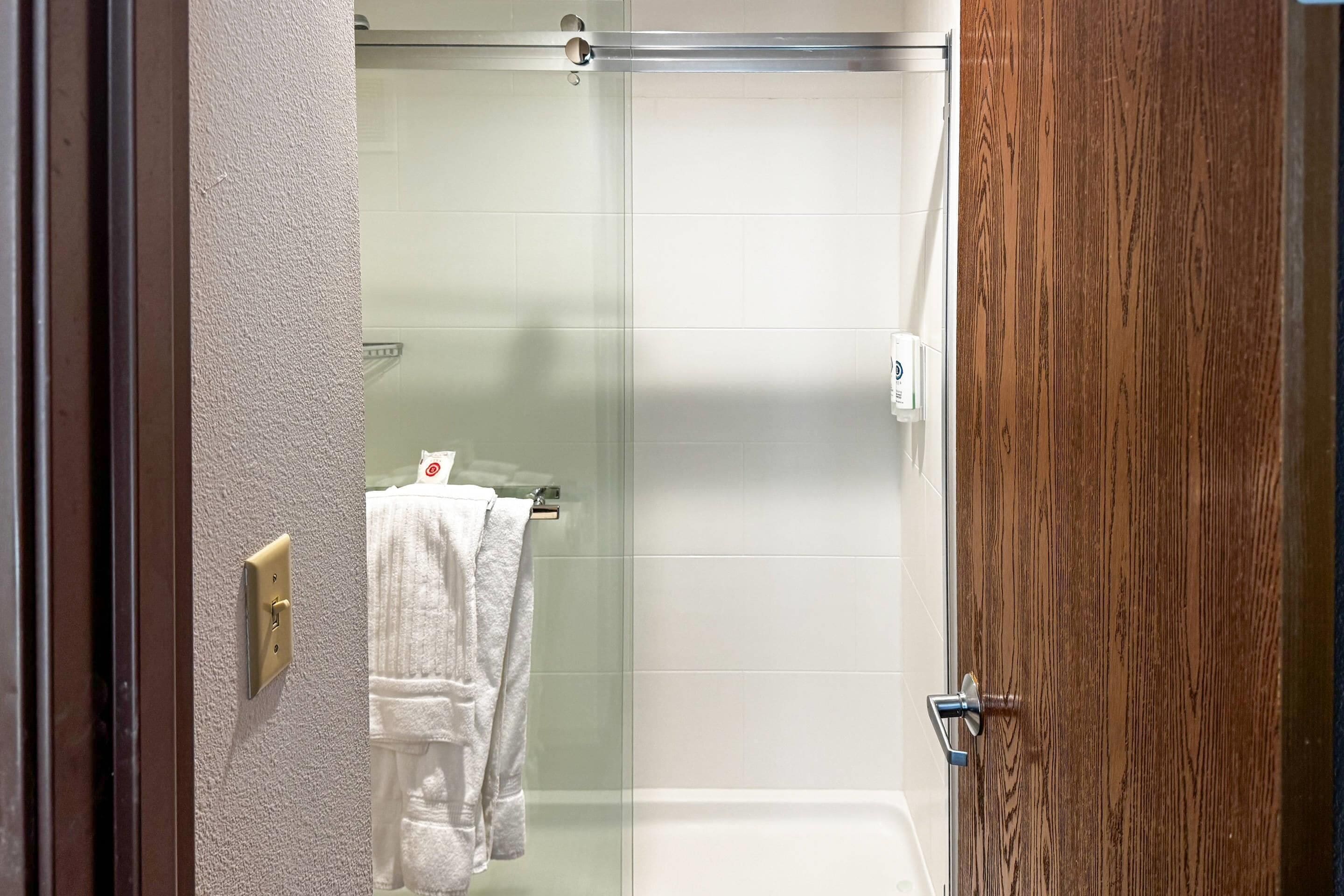 A shower with a glass door, a towel rack with a towel, and a wooden door.