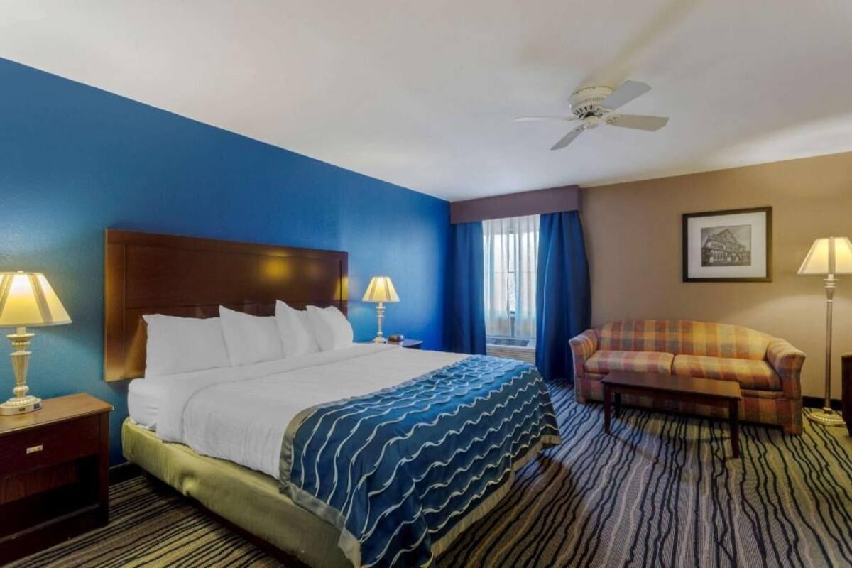 Une chambre d’hôtel avec un lit, deux lampes de chevet, un ventilateur de plafond, un canapé et une fenêtre avec des rideaux.