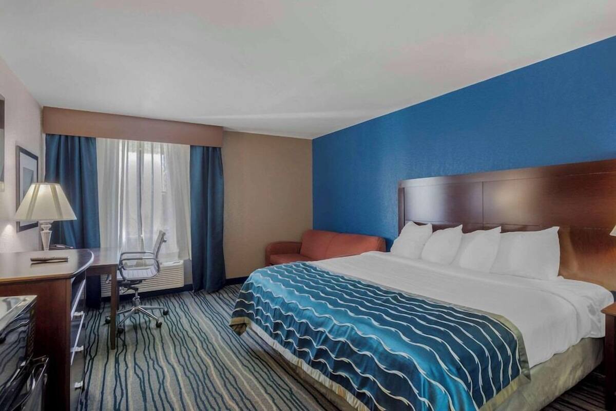 Une chambre d’hôtel avec un lit, un bureau, une chaise, une fenêtre avec des rideaux et un mur bleu.