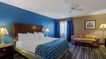 Desk, laptop workspace, blackout curtains, iron/ironing board