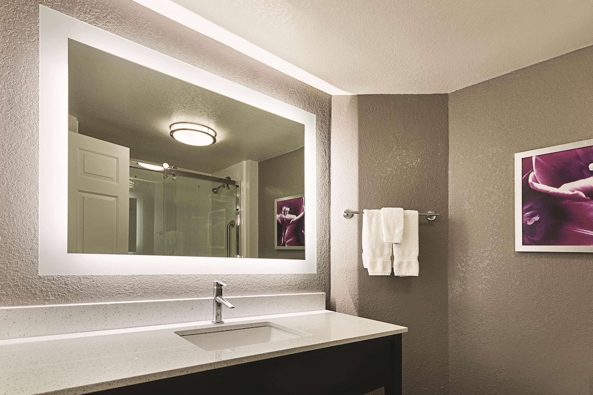 Room, 1 King Bed, Non Smoking | Bathroom | Combined shower/bathtub, free toiletries, hair dryer, towels