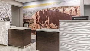 Zona de recepción con un gran mural de paisaje desértico, dos mostradores de diseño moderno y una pared con estampado a la izquierda.