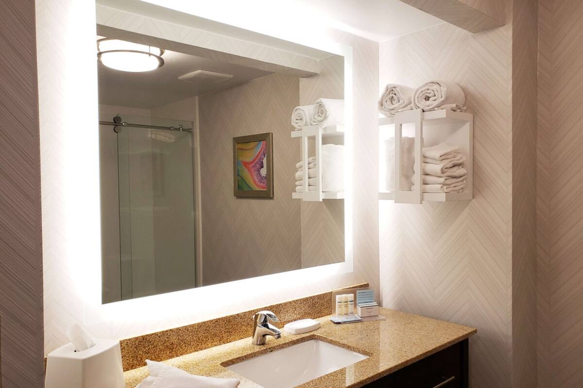 combined shower/bathtub, free toiletries, hair dryer, towels