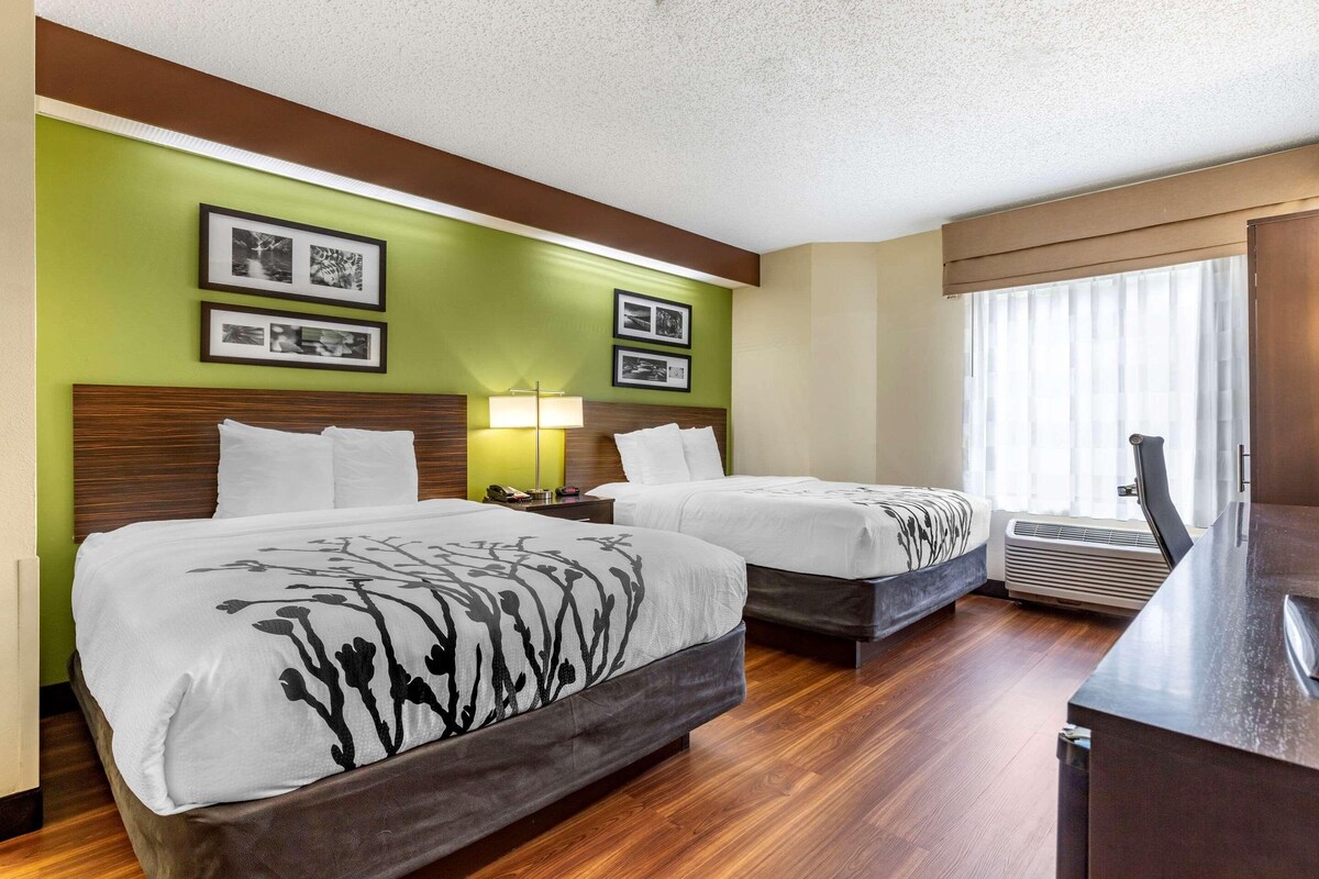 A hotel room with two beds, a desk, and a large window with curtains. There are framed pictures on the wall and a lamp on the nightstand.