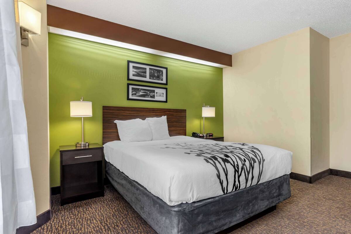 Ein Hotelzimmer mit einem Bett, zwei Nachttischen, einer Kopfteil und einer Wand in Grünton.