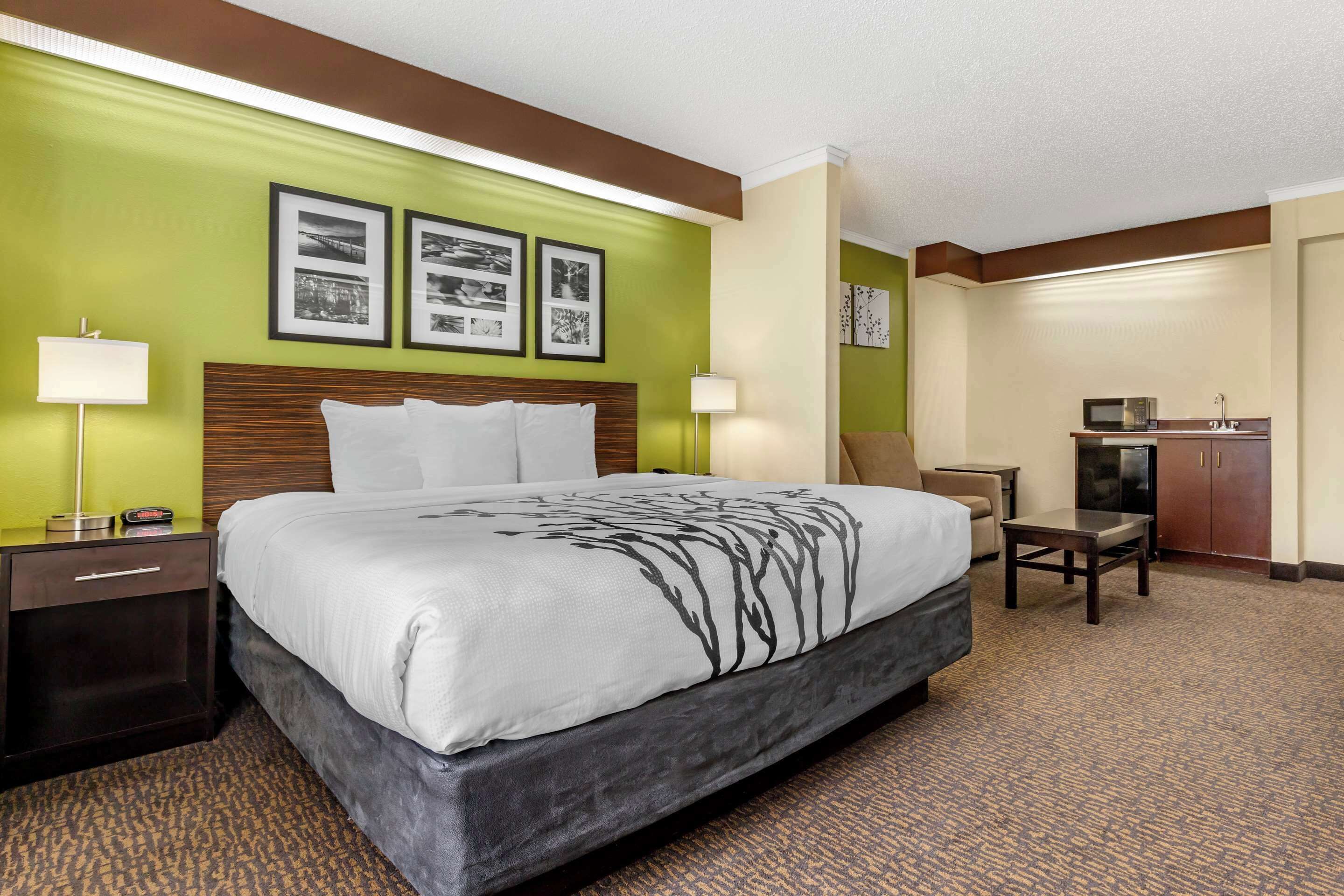 Quarto de hotel com cama grande, escrivaninha com luminária, cadeira, micro-ondas e armário.