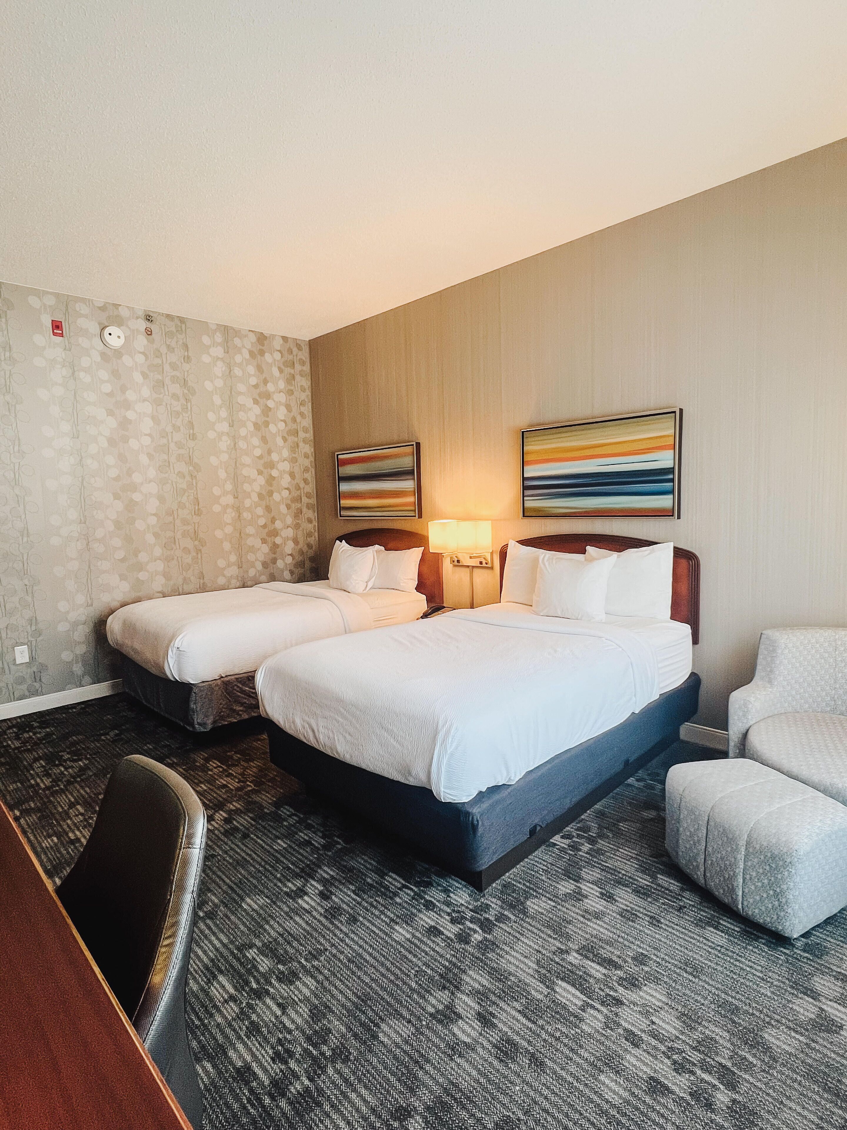 premium bedding, down duvets, desk, laptop workspace