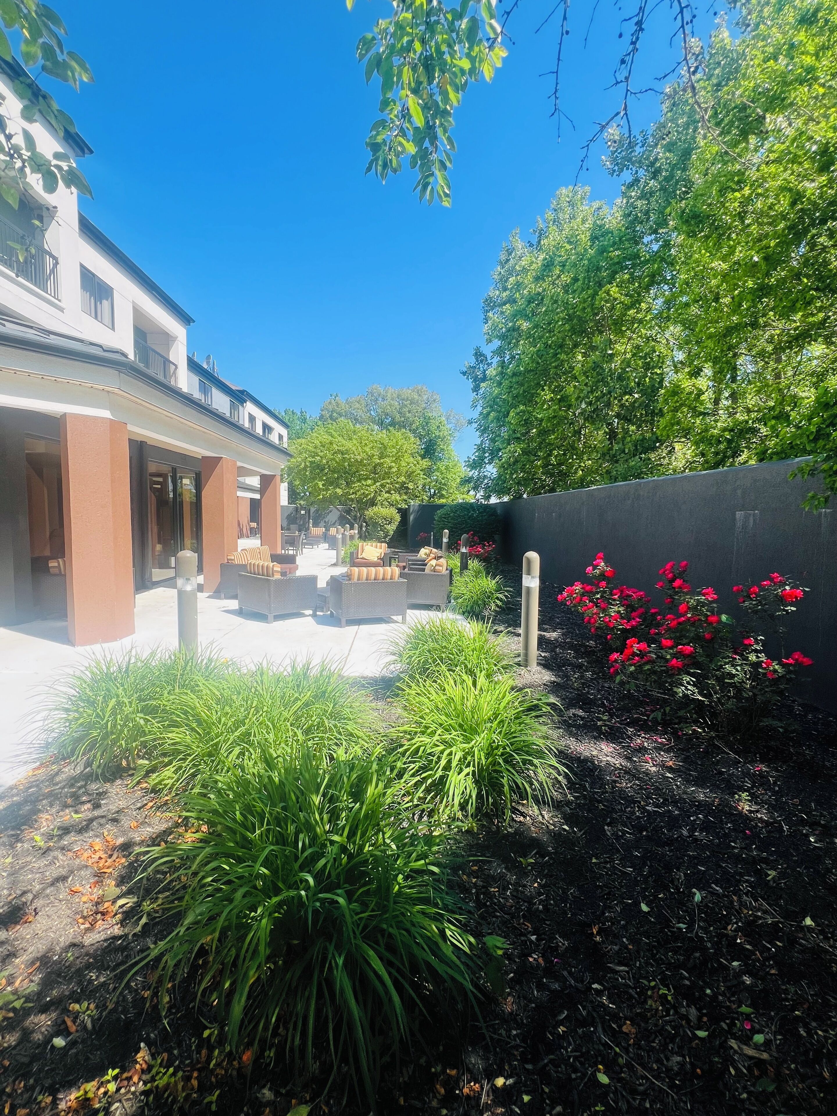 A courtyard with outdoor seating, a garden with plants and flowers, and a building with a balcony.