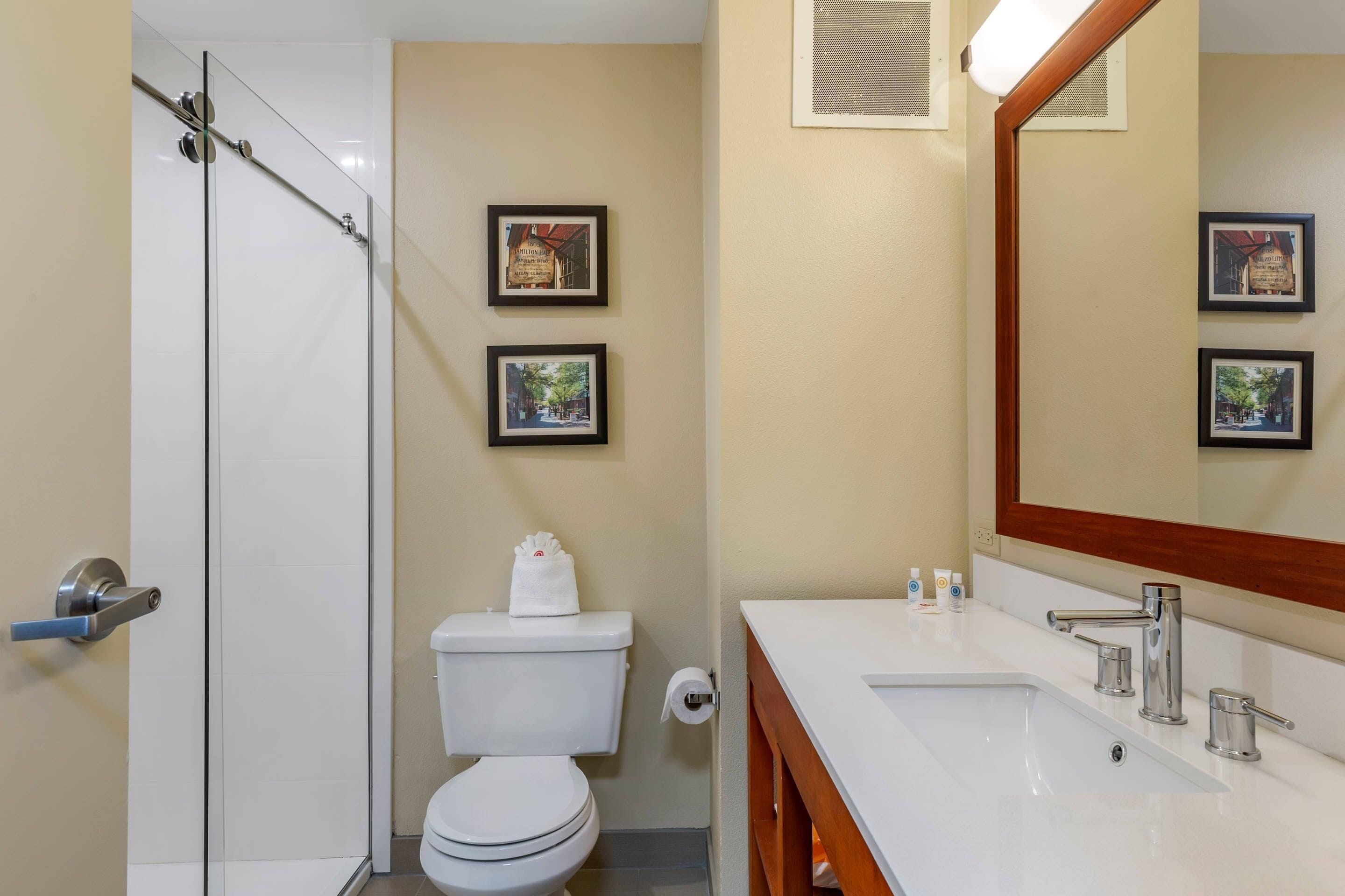 A bathroom with a glass shower enclosure, a toilet, a sink with a mirror, and framed pictures on the wall.