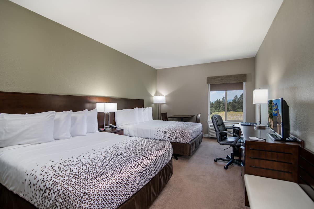 A hotel room with two beds, a desk with a computer, a chair, and a window with a view of trees.