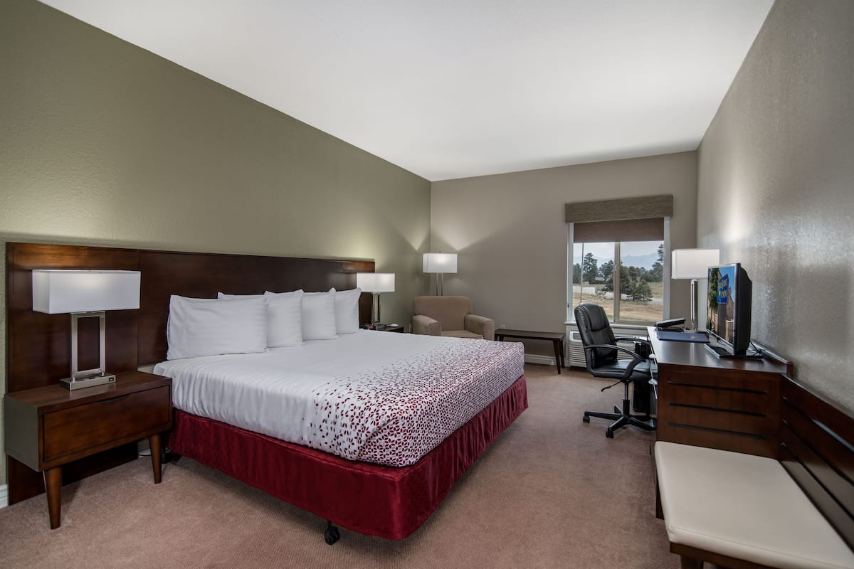 A hotel room with a large bed, a desk, a chair, a TV, and a window with a view.
