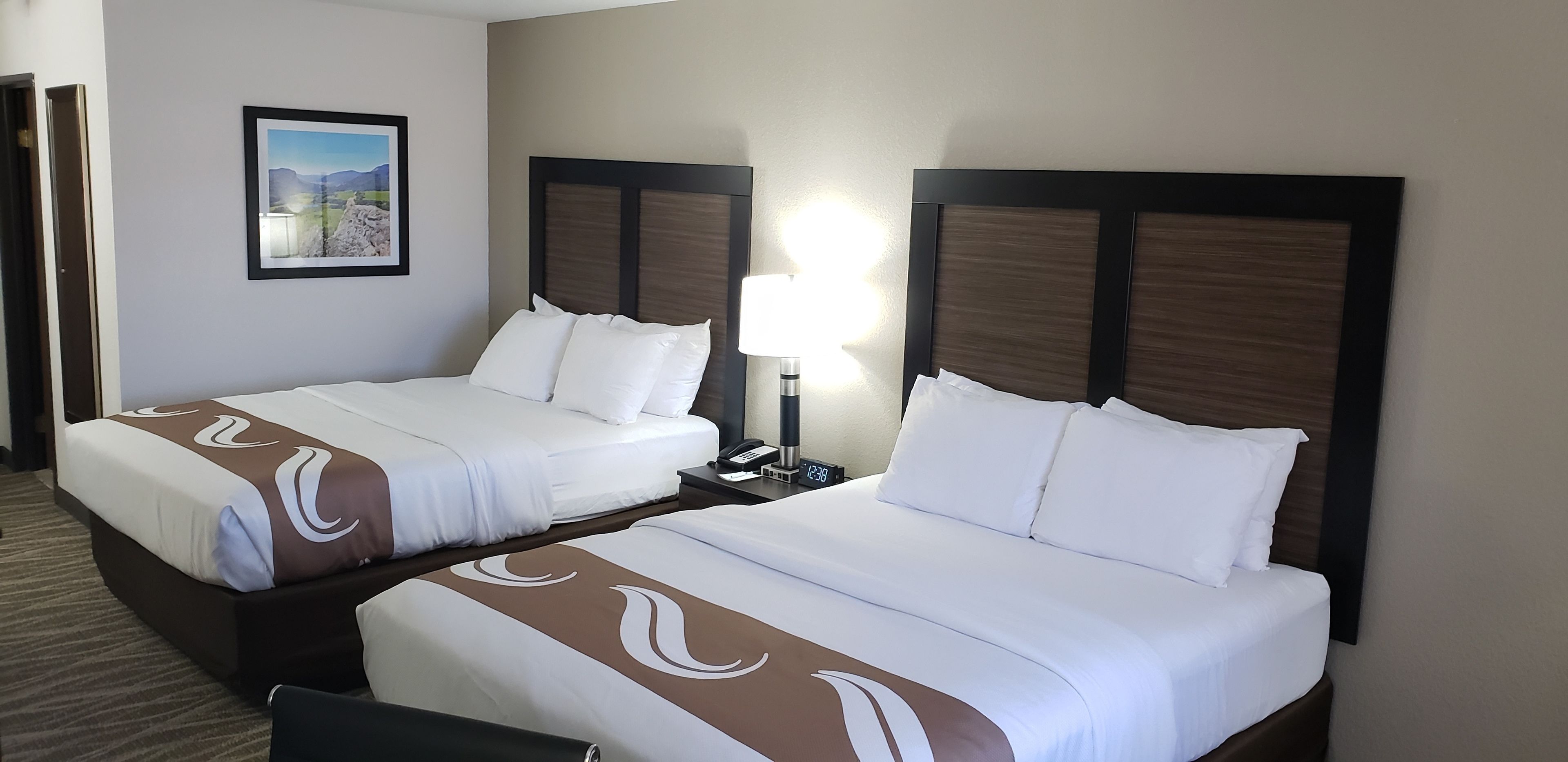 Ein Hotelzimmer mit zwei Betten, einem Nachttisch mit Lampe, einem gerahmten Bild an der Wand und einem Teppichboden.