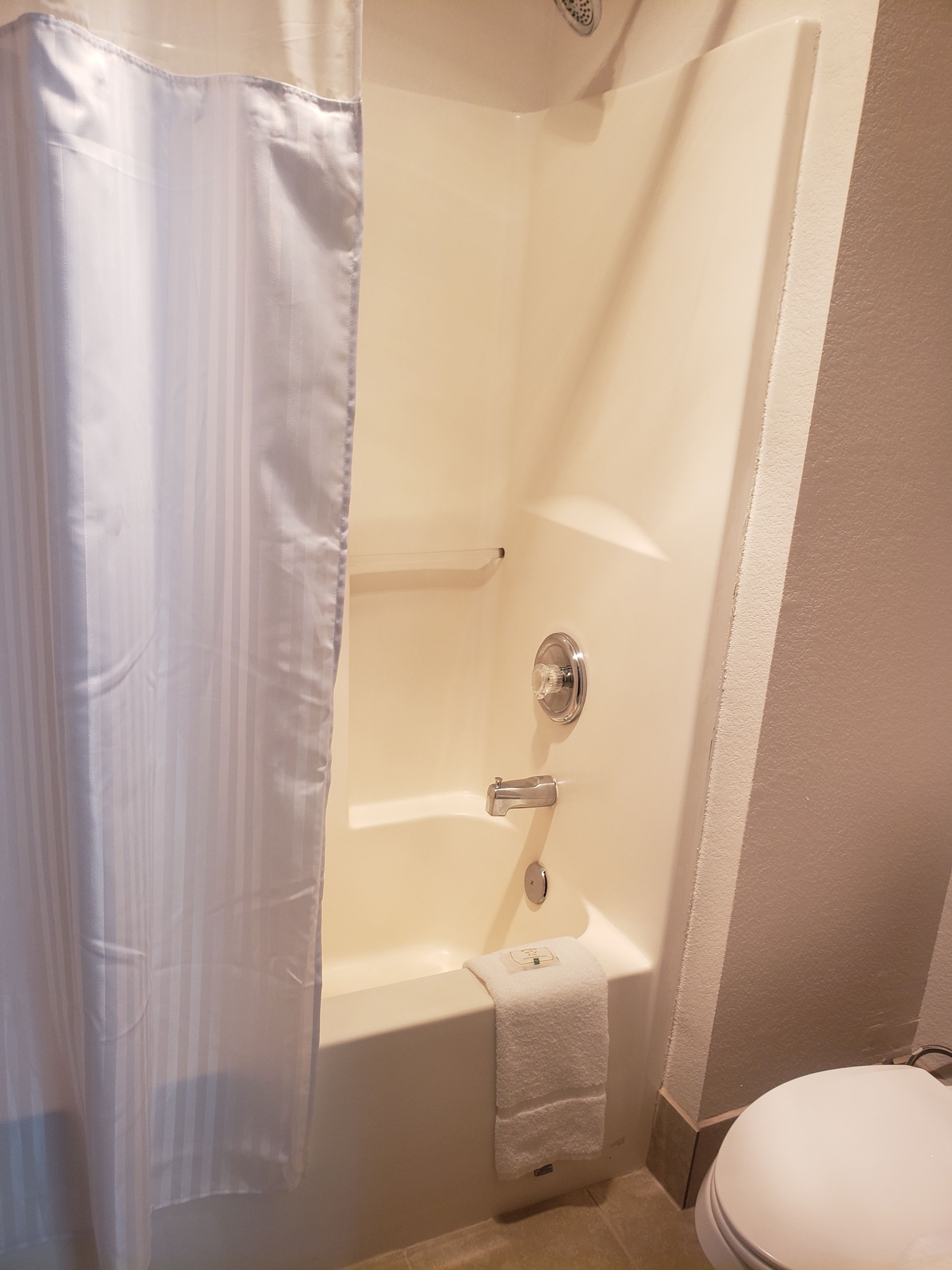 Une salle de bain avec une douche, des toilettes et un porte-serviettes.