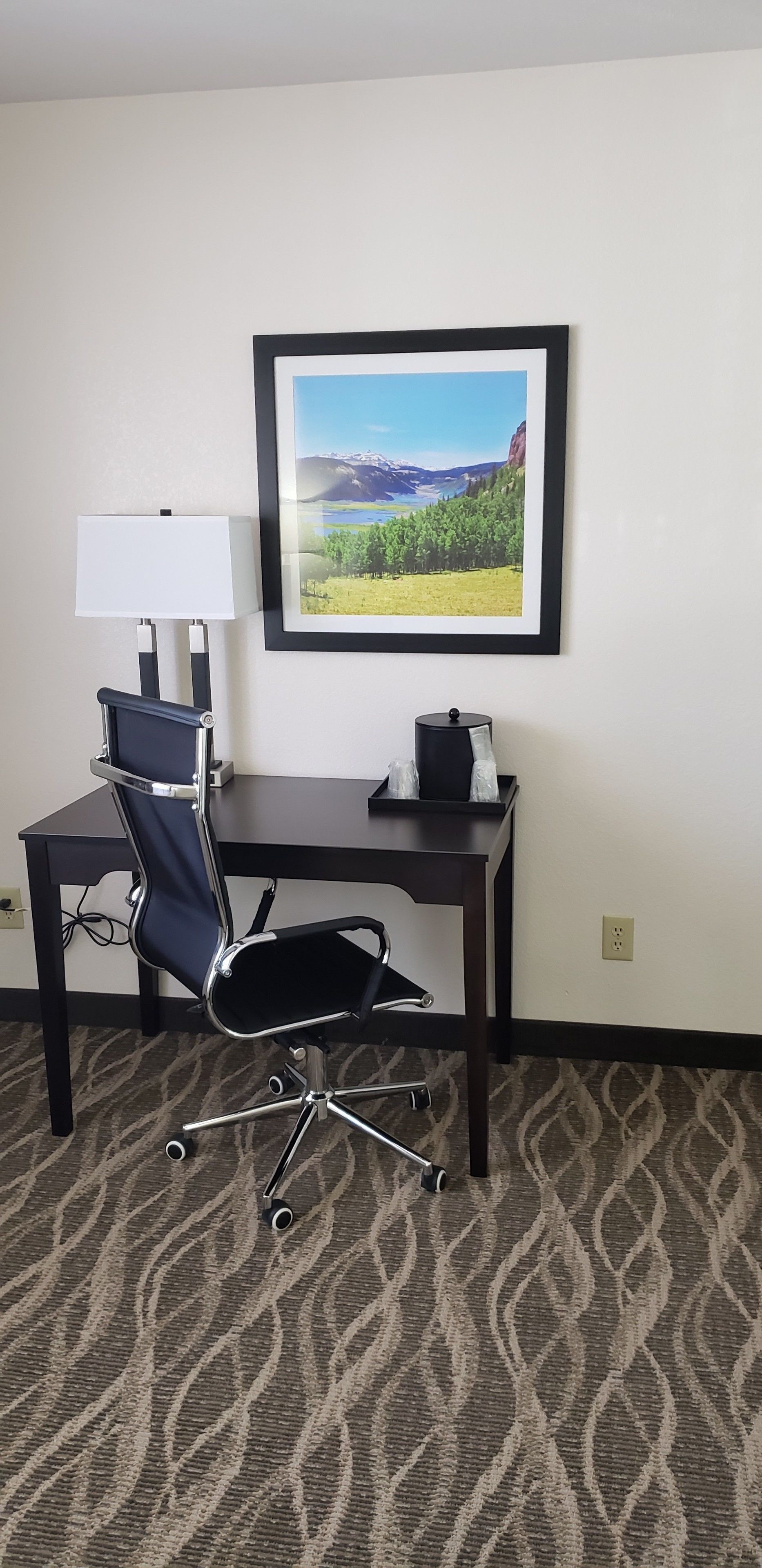 Ein Hotelzimmer mit Schreibtisch, Stuhl, Lampe, einem gerahmten Bild an der Wand und Teppichboden.