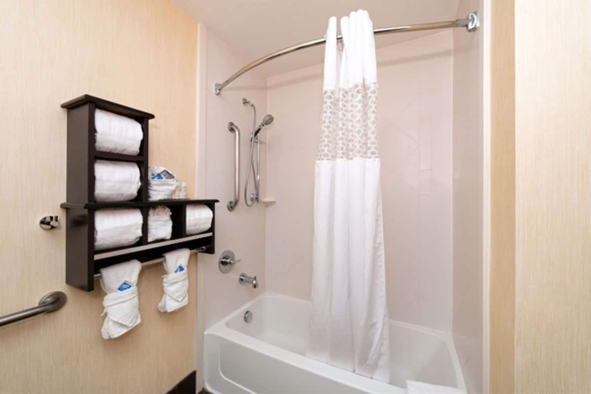 combined shower/bathtub, free toiletries, hair dryer, towels