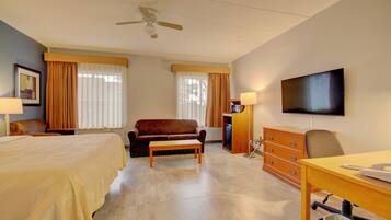 Una habitación de hotel con cama, sofá, escritorio, televisor y ventilador de techo.