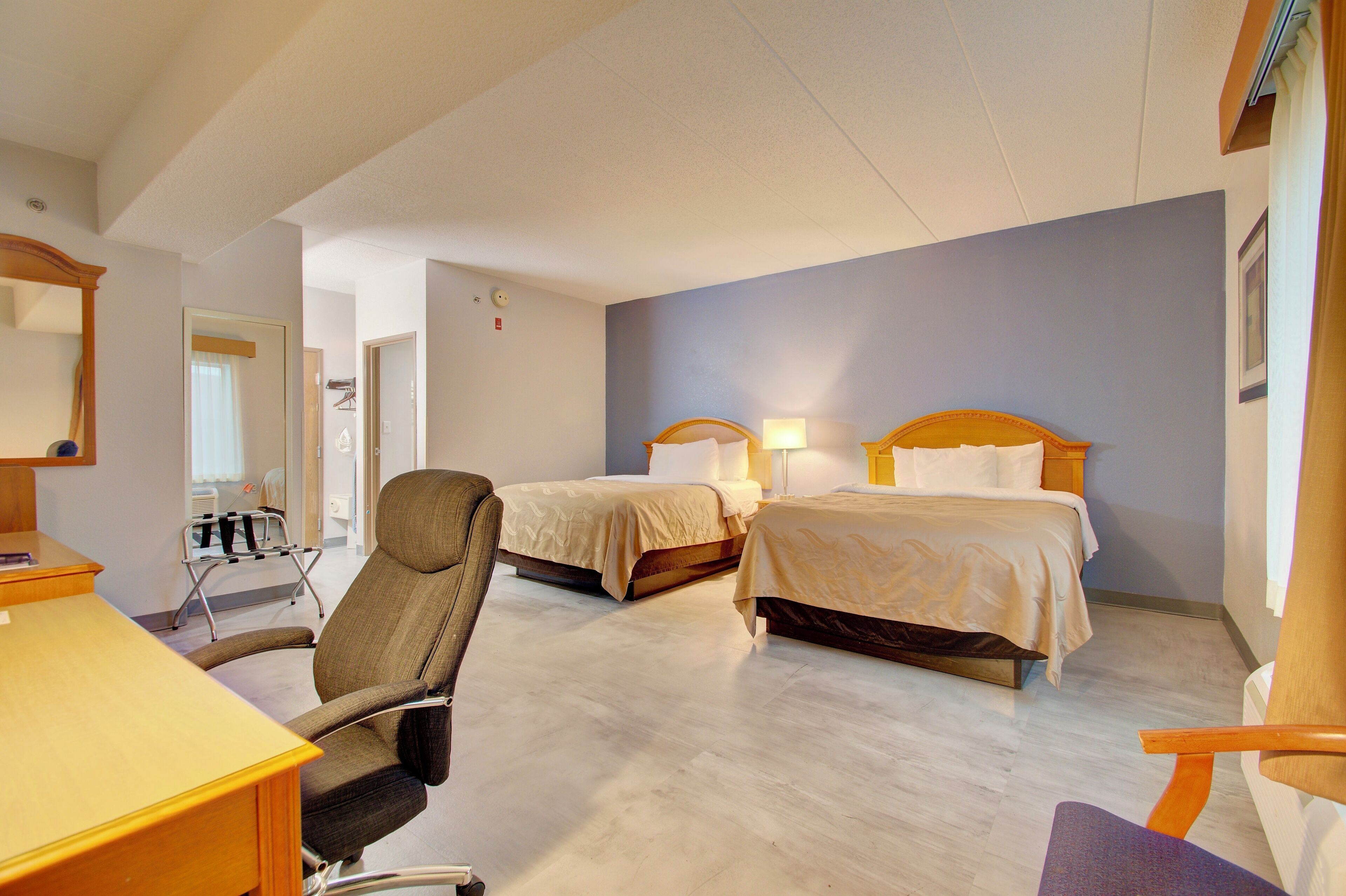 standard room, 2 queen beds, non smoking | premium bedding, laptop workspace, soundproofing, iron/ironing board