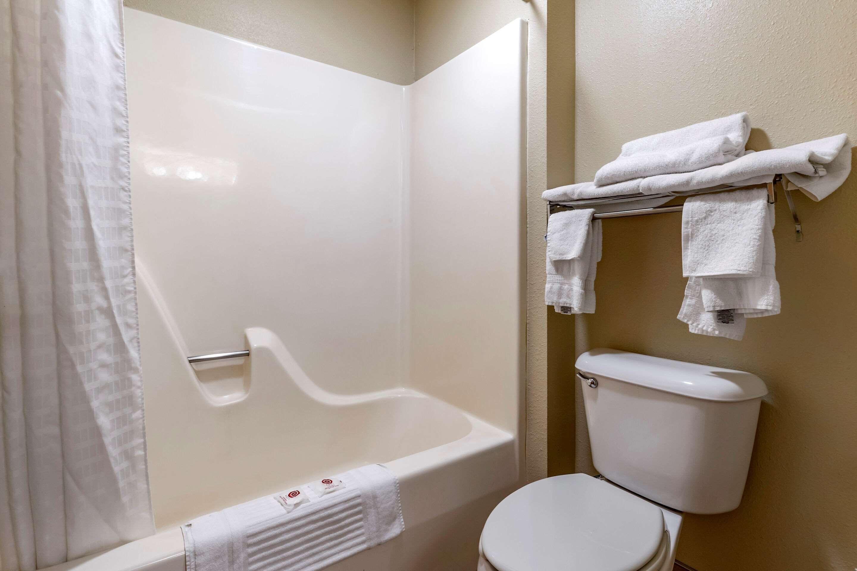 Un baño con bañera, inodoro y toallero con toallas.