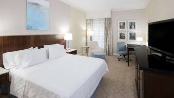 A hotel room with a large bed, a desk with a computer, a TV, and two framed pictures on the wall.